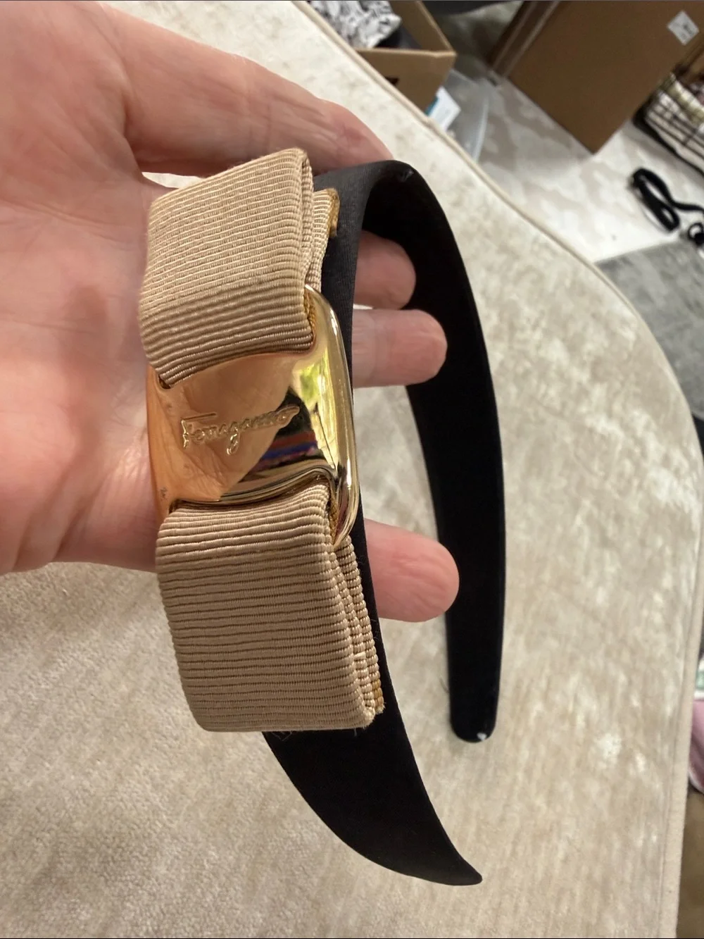 Salvatore Ferragamo upcycled Black headband beige bow